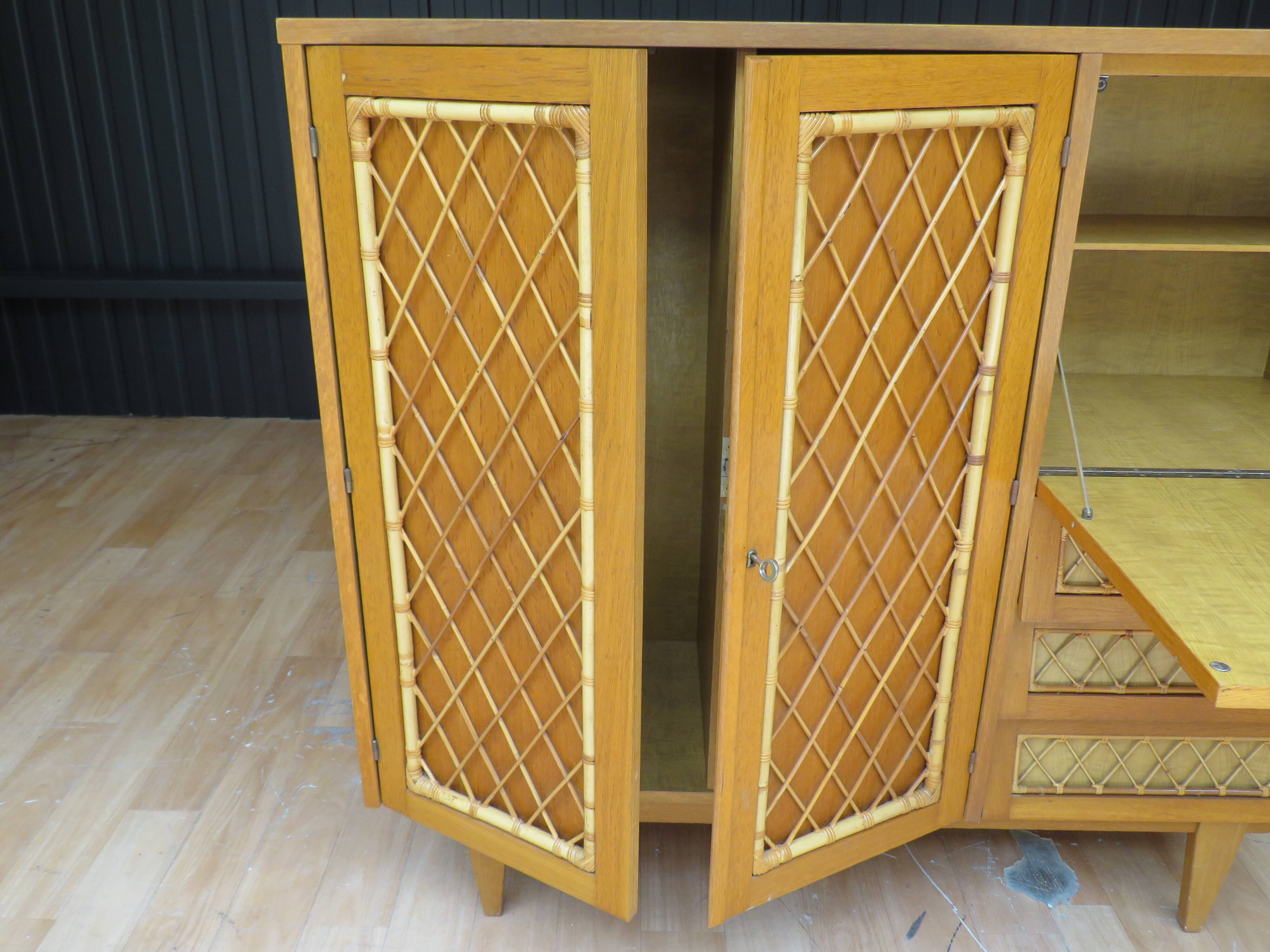 Wardrobe secretary child 60s wood and rattan feet compass