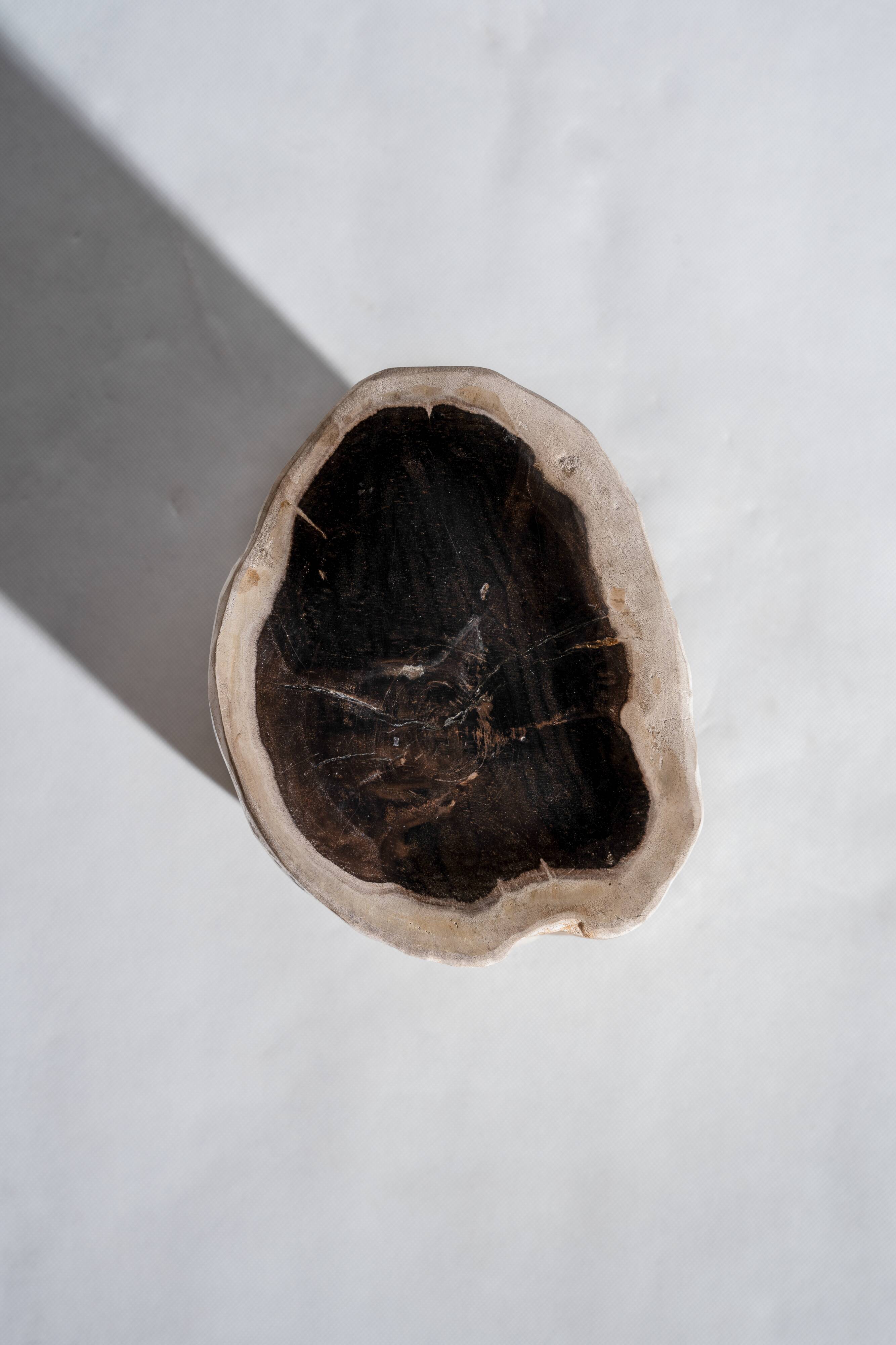 Petrified wood side table white tower black heart H:36cm D:17cm