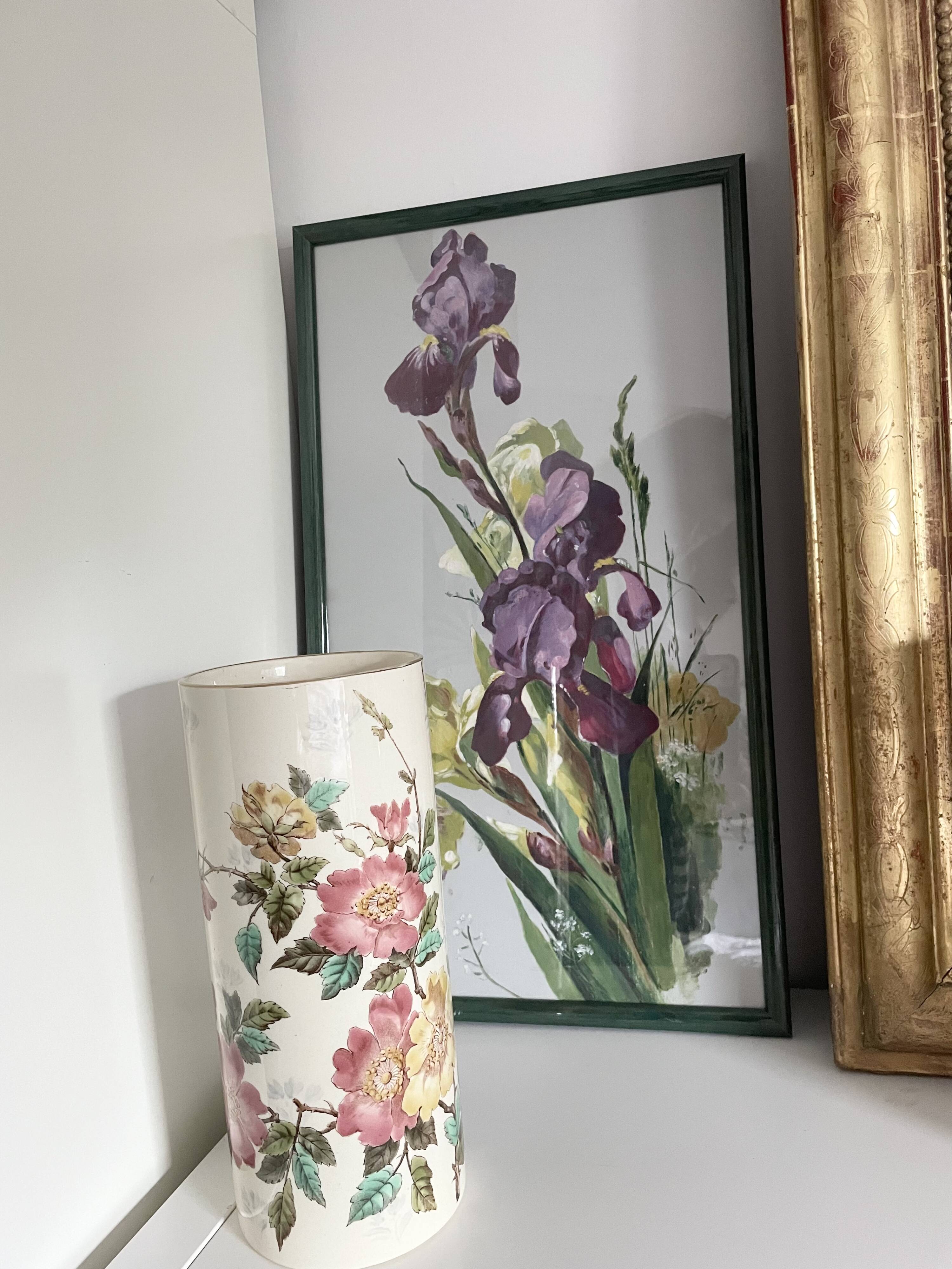 Old oil painting on paper – Bouquet of irises – Framed