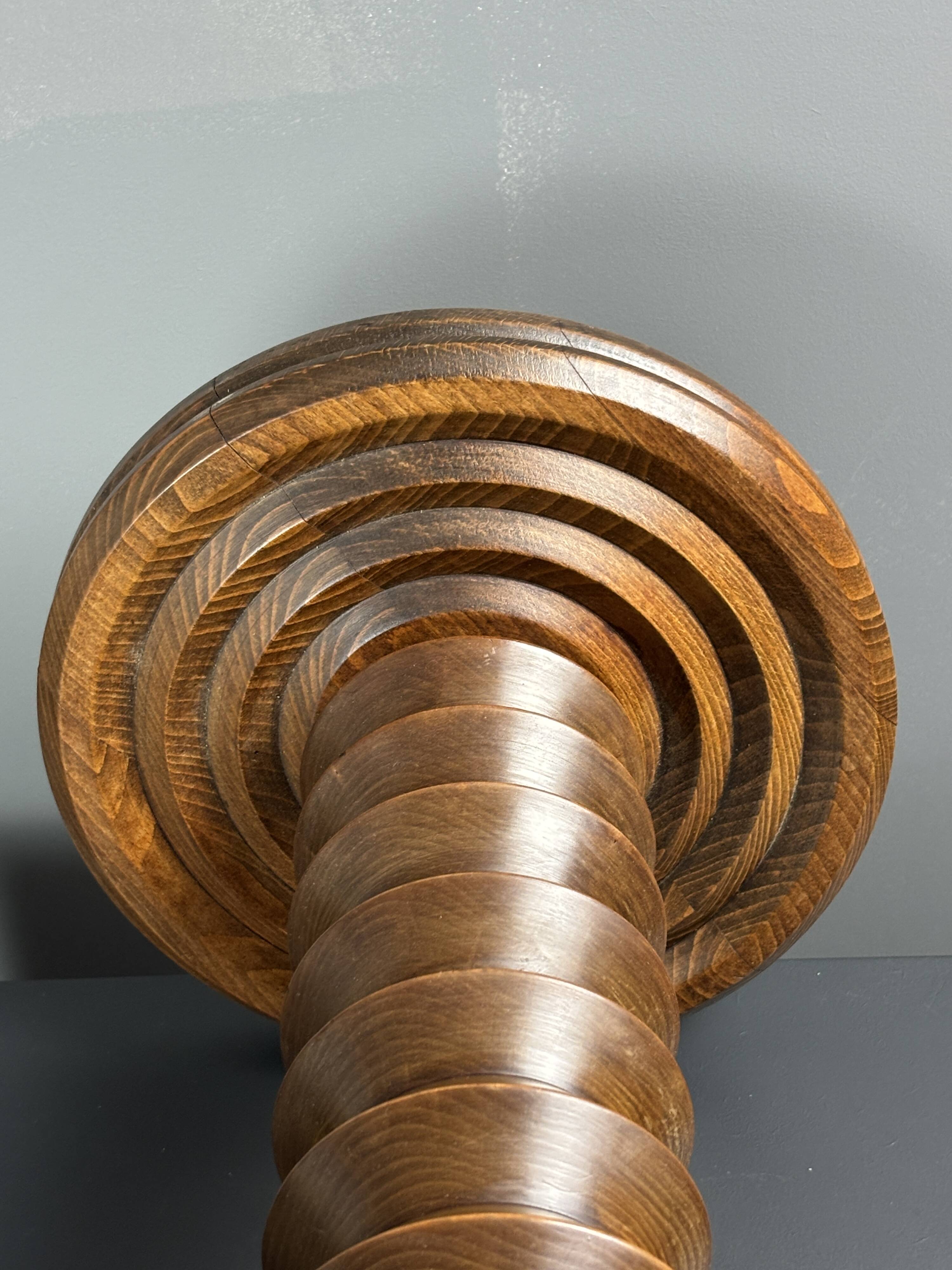 Midcentury brutalist wood turned side table in the style of Charles Dudouyt