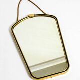 Beautiful small mid-century brass wall mirror with braided hanging strap