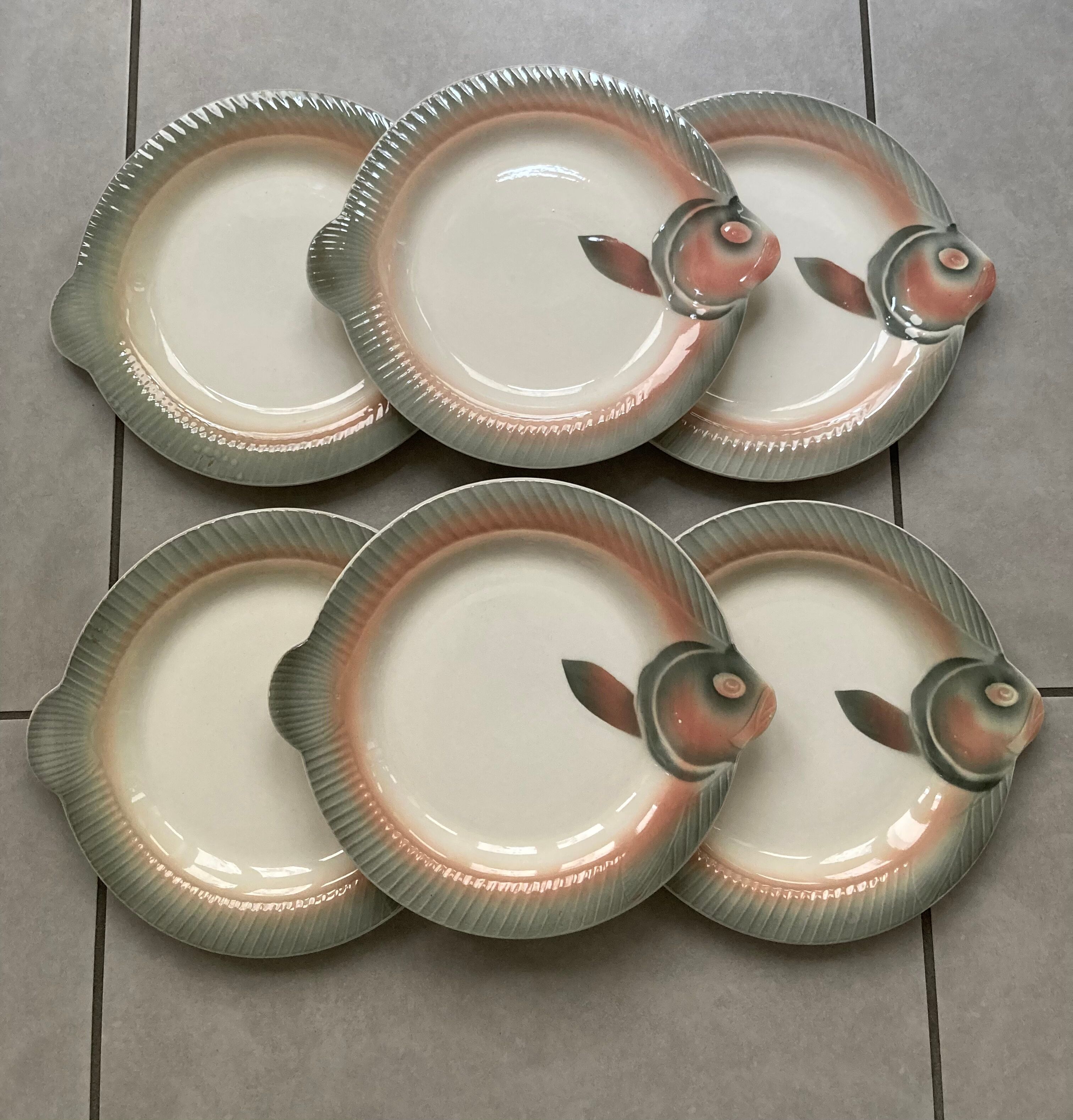 Set of 6 Digoin Sarreguemines fish plates