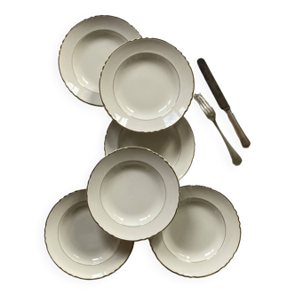 Lot de 6 assiettes creuses Moulin des loups Orchies - sans estampille - blanche et liseré or