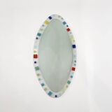 Grand miroir ovale en verre de Murano vintage des années 1970 bleu rouge jaune