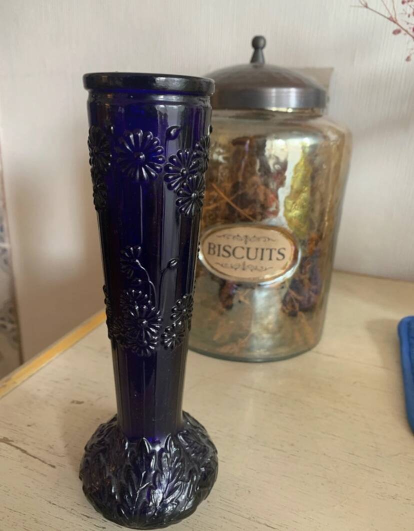 2 vintage cobalt blue pressed glass vases