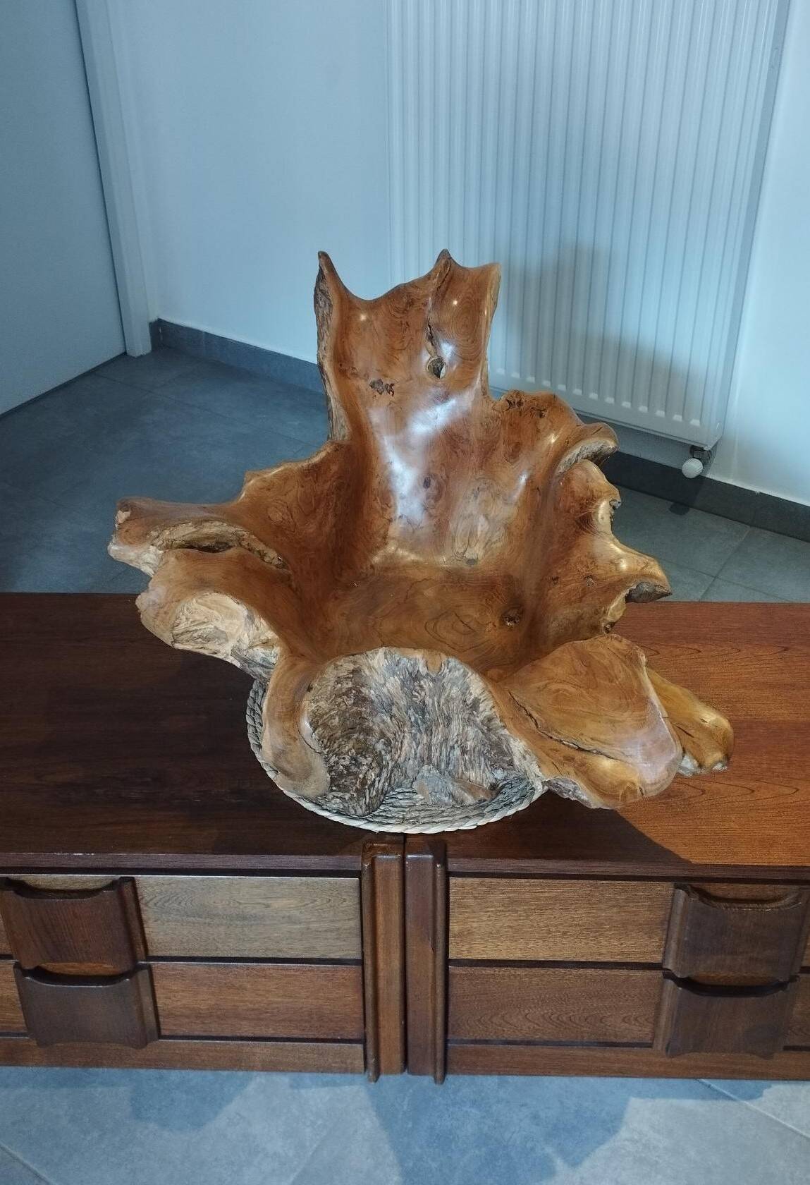 Sculptural wooden centrepiece, organic bowl, brutalist.