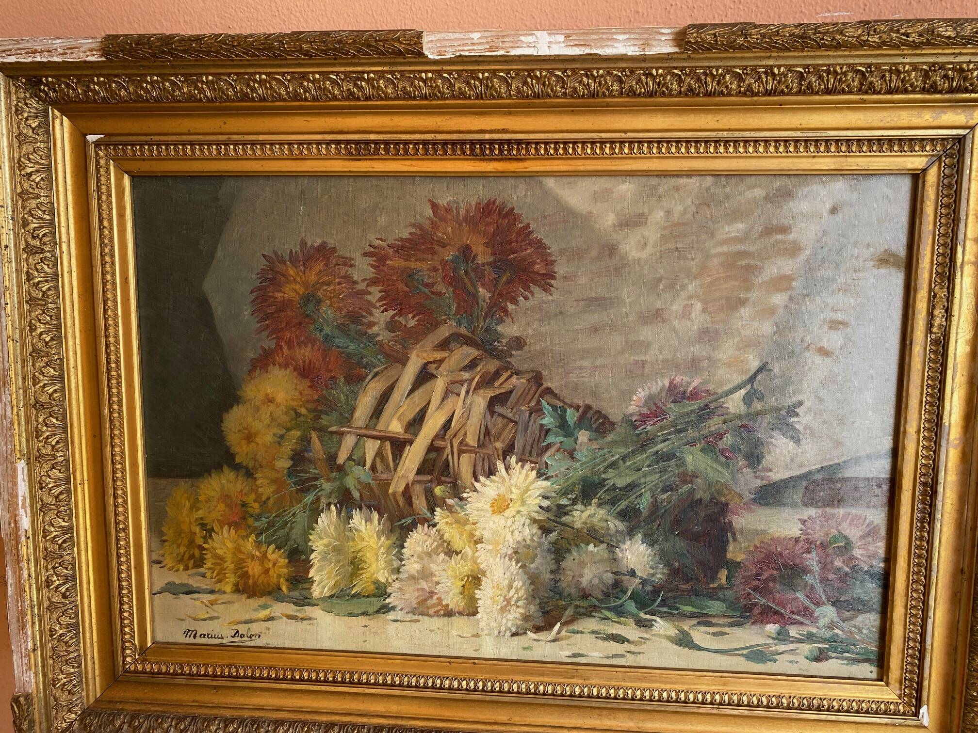 STILL LIFE BOUQUET OF DAHLIAS OIL PAINTING SIGNED MARIUS DALON EARLY 20TH CENTURY