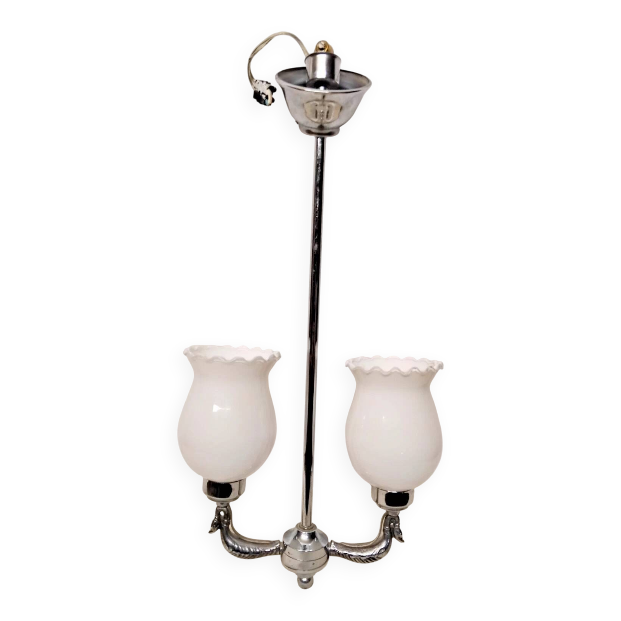 Vintage opaline lampshade chrome duck 2-arm chandelier