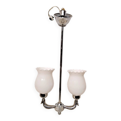 Ancien lustre 2 bras canards chromé - abats jour opaline vintage