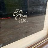Old tapestry canvas g. perrin roosters signed + wooden frame #b549