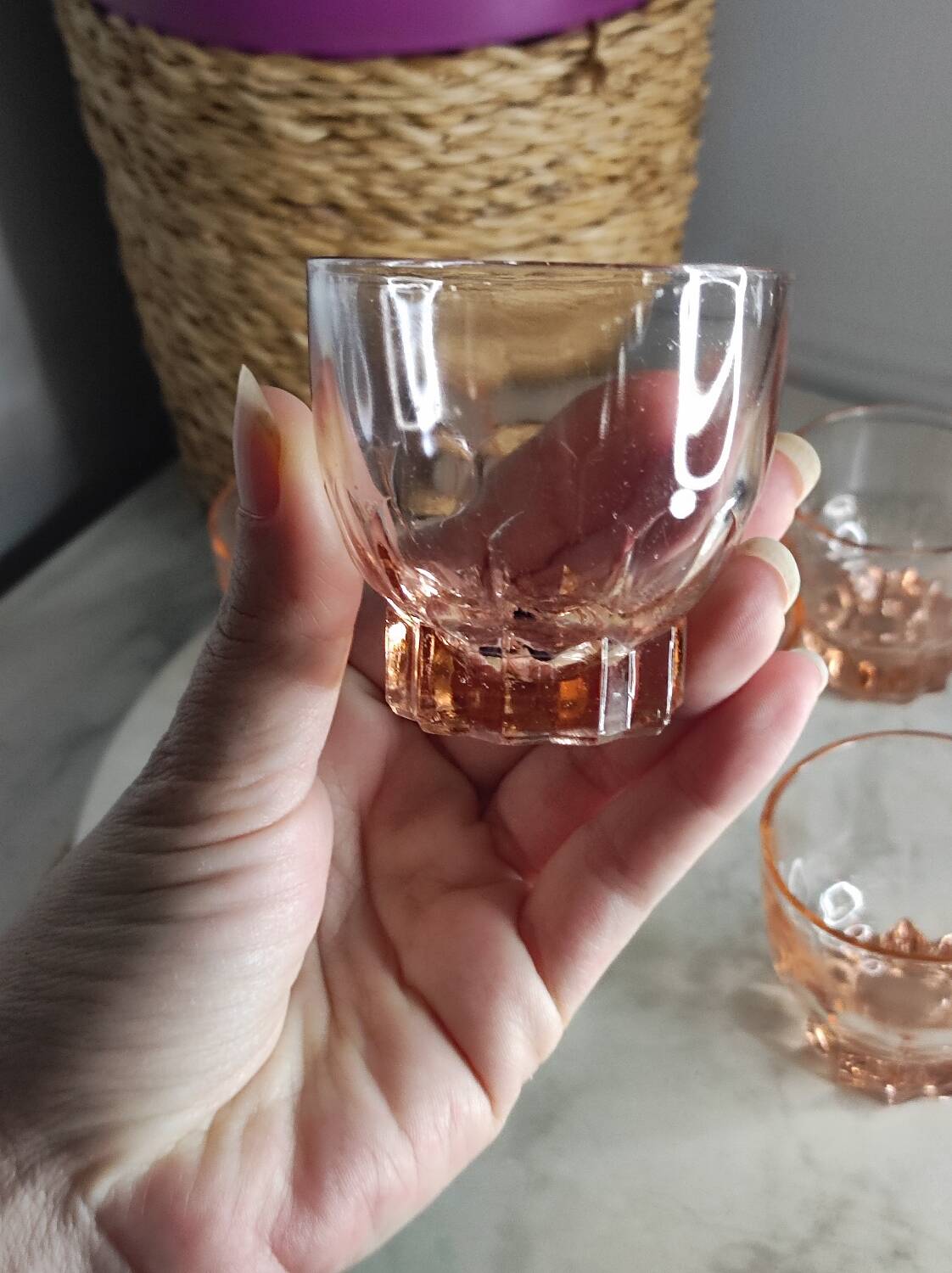 Pink glass liqueur cups from the 1940s