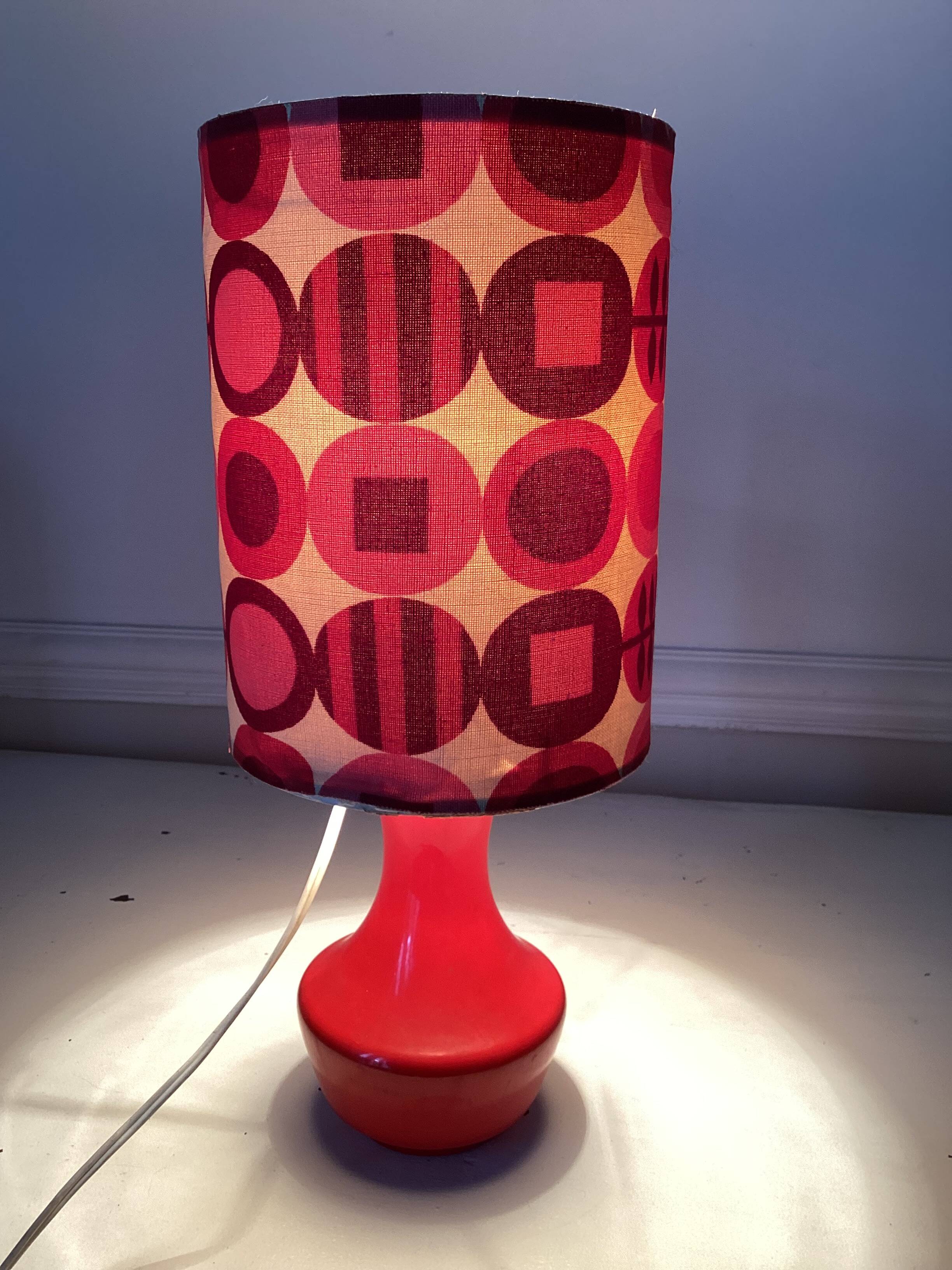 Vintage lamp with glass base and textile lampshade, 1970s