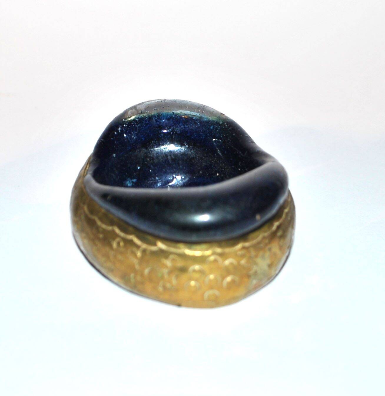 Iran ashtray bowl in iranian cobalt blue bubble glass and engraved brass