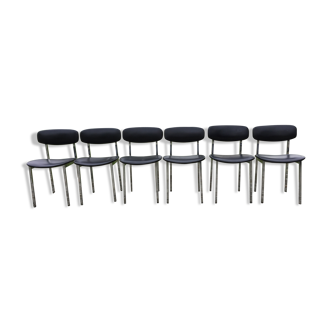 6 chaises vintage en skaï noir à piétement tubulaire métallique chromé