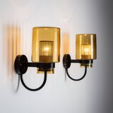Pair of black metal wall lamps with yellow shades and inner diffuser