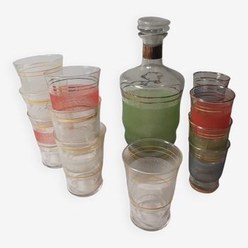 Carafe et 12 verres colorés granités vintage 50/60's luxhem
