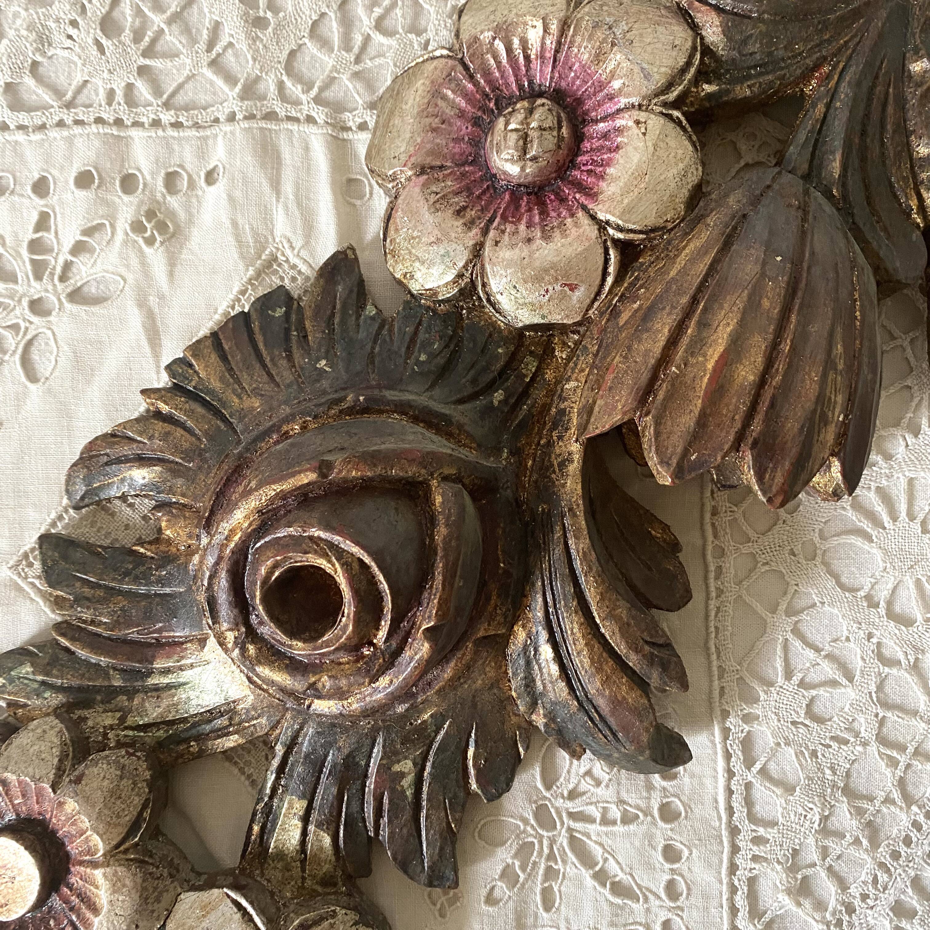 Decorative carved wooden ornament bouquet flowers and ribbon