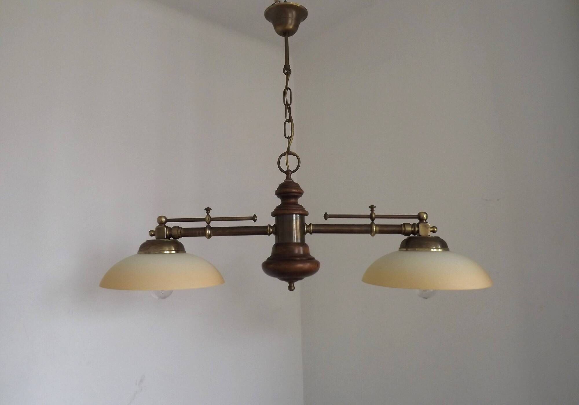 2 Light French Mid Century Extendable Billiard Light In Brass Wood & Glass
