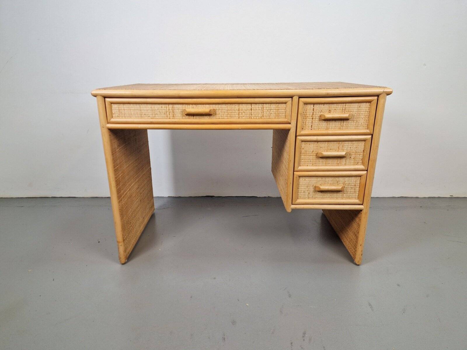 Vintage French Bamboo Rattan Desk with Drawers, 1970s