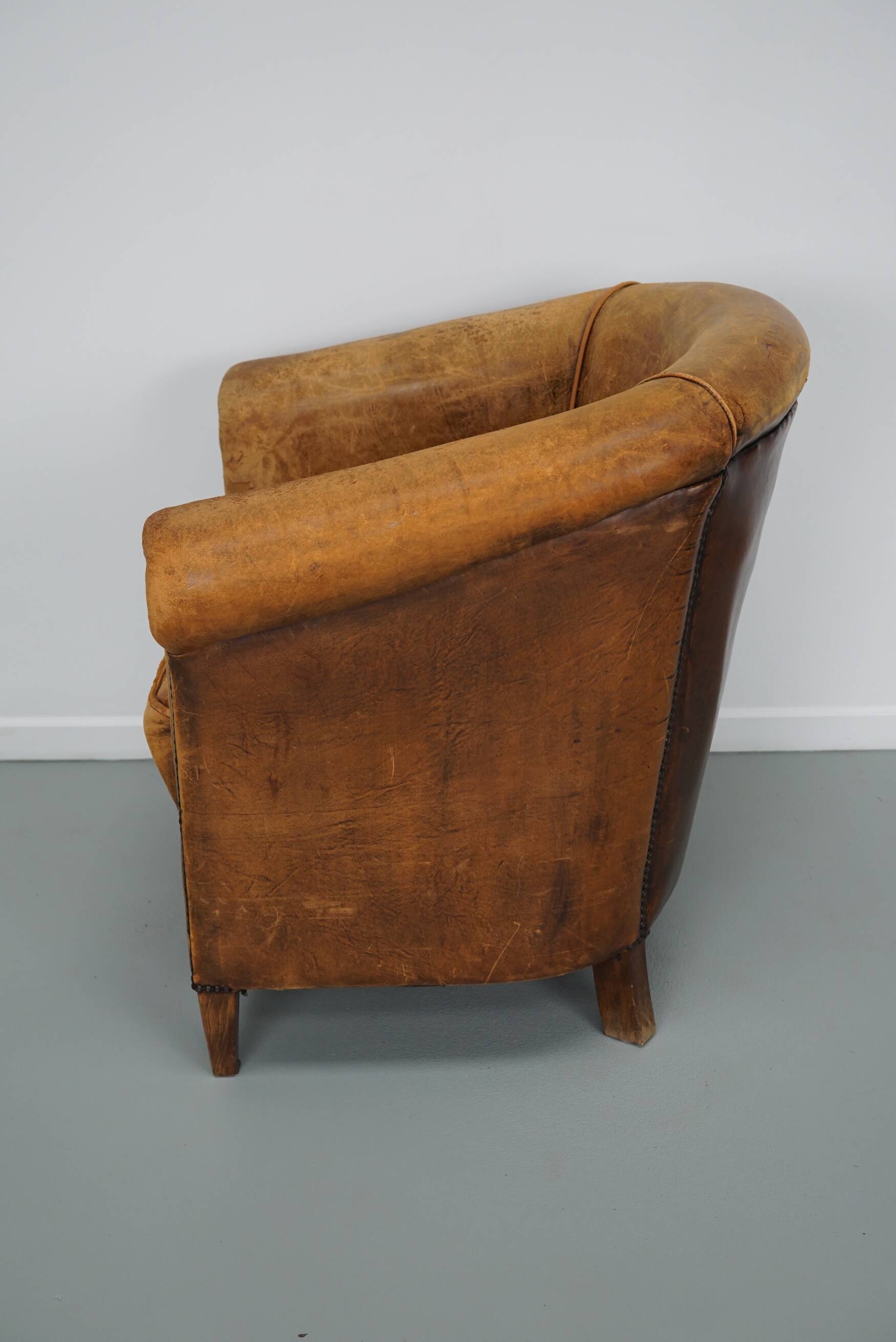 Fauteuil Club Vintage en Cuir Couleur Cognac, Pays-Bas