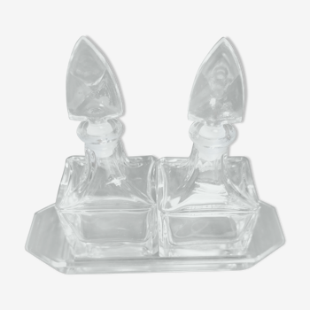 Set of 2 bottles on old tray cut glass