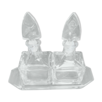 Set of 2 bottles on old tray cut glass