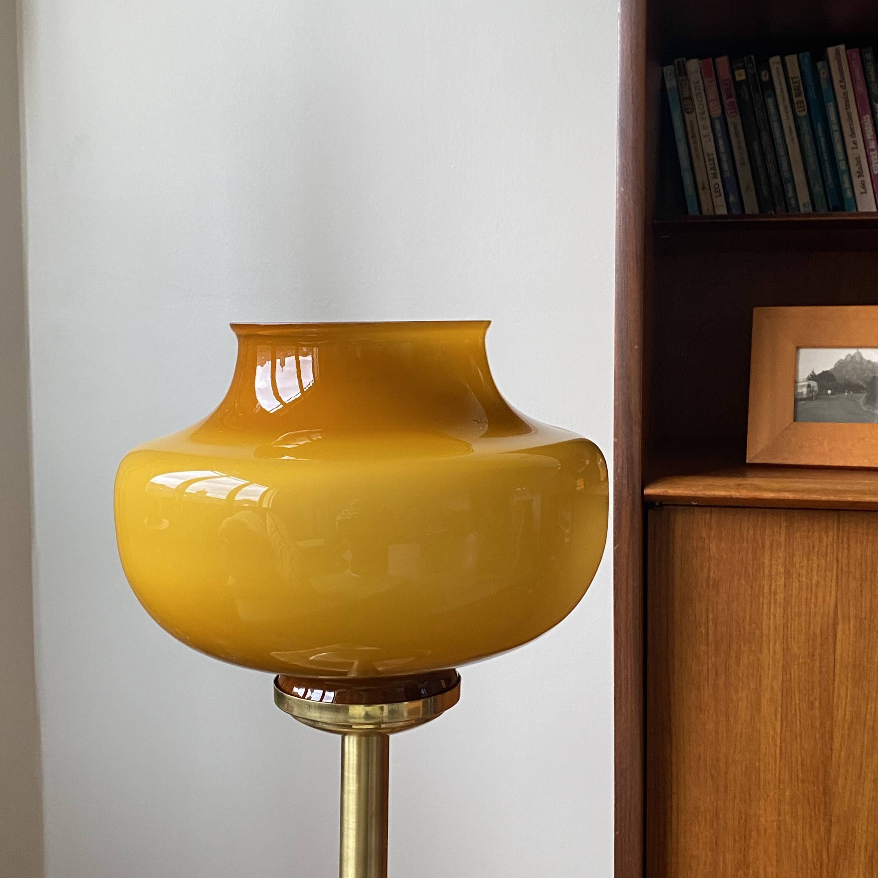 Large vintage lamp with brown and yellow opaline glass and brass.