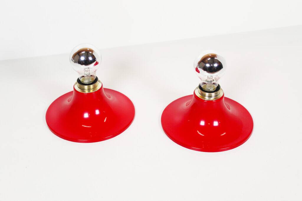 Pair of petite red disc sconces, Italy 1980s