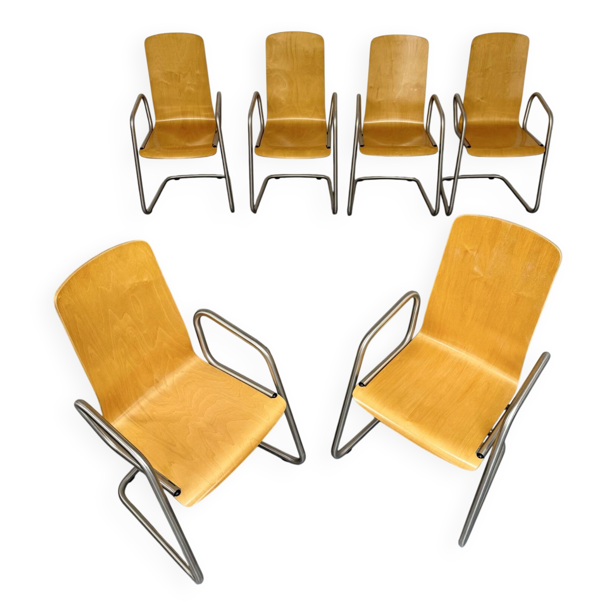 Set of 6 cantilever chairs from the Zumsteg Collection, moulded wood, 1980s.
