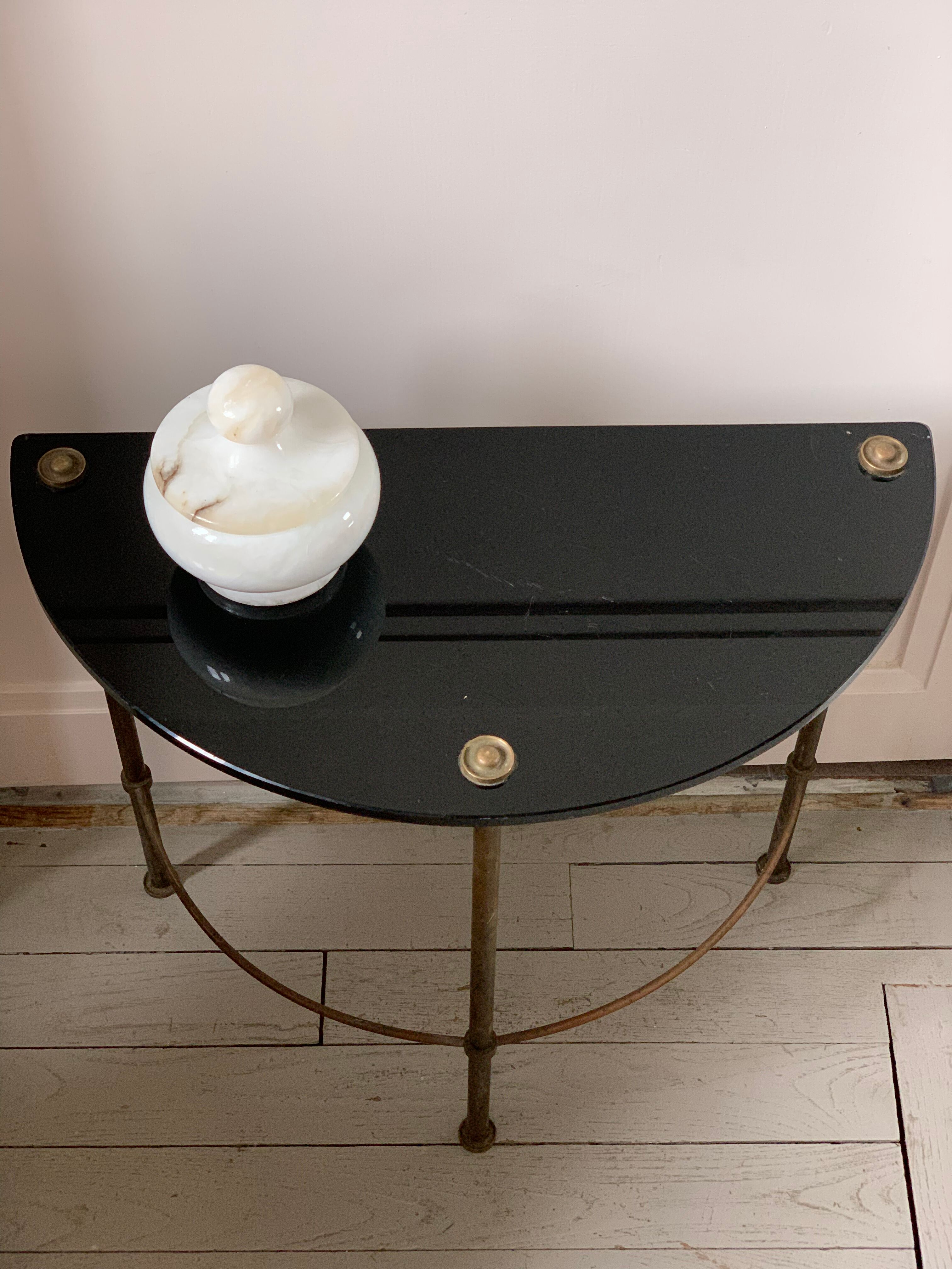 Half-moon console in glass and brass