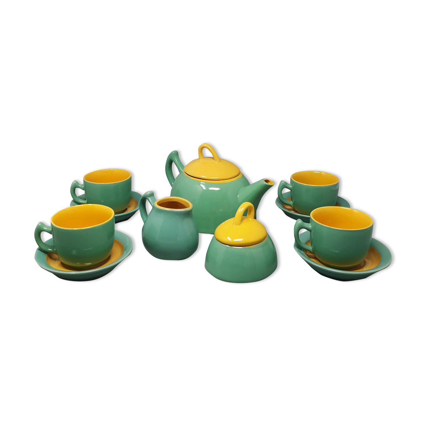 Green and yellow tea set/coffee set in ceramic by naj oleari, made in italy 1960