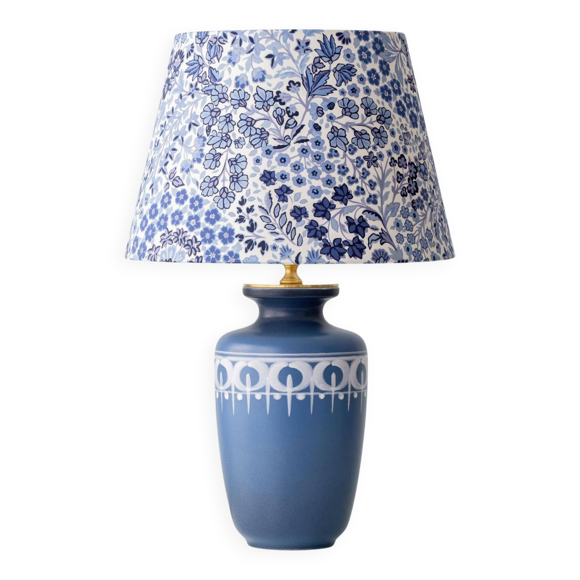 Dutch blue and white ceramic table lamp, 1977, with a new Liberty London shade.