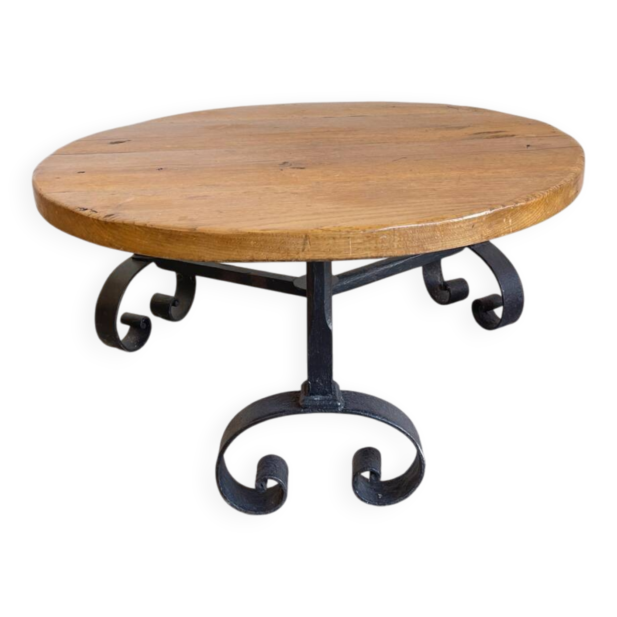 Round coffee table in wood and wrought iron – Rustic 1970s style