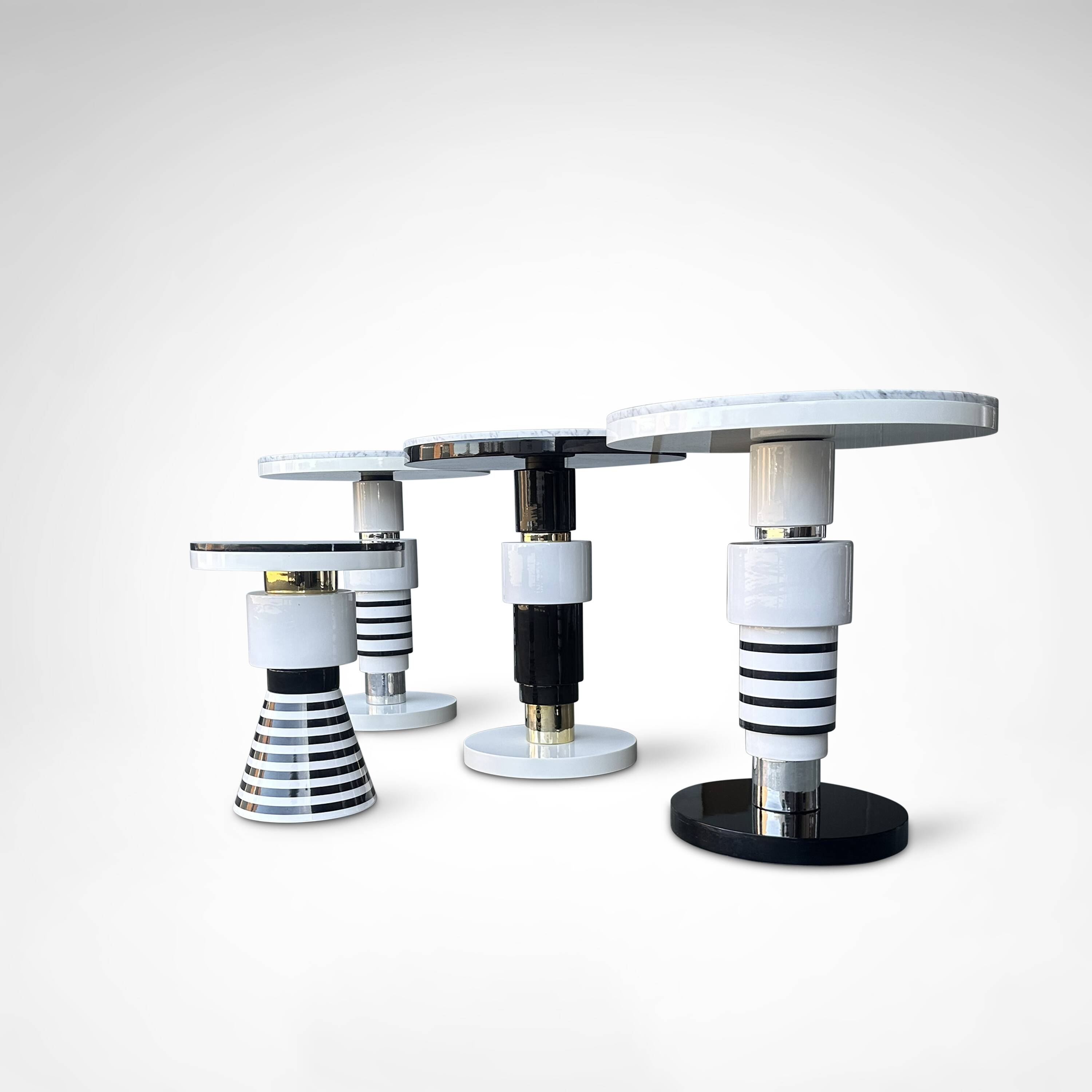 Hand crafted side tables of ceramic and marble in memphis style by casalto