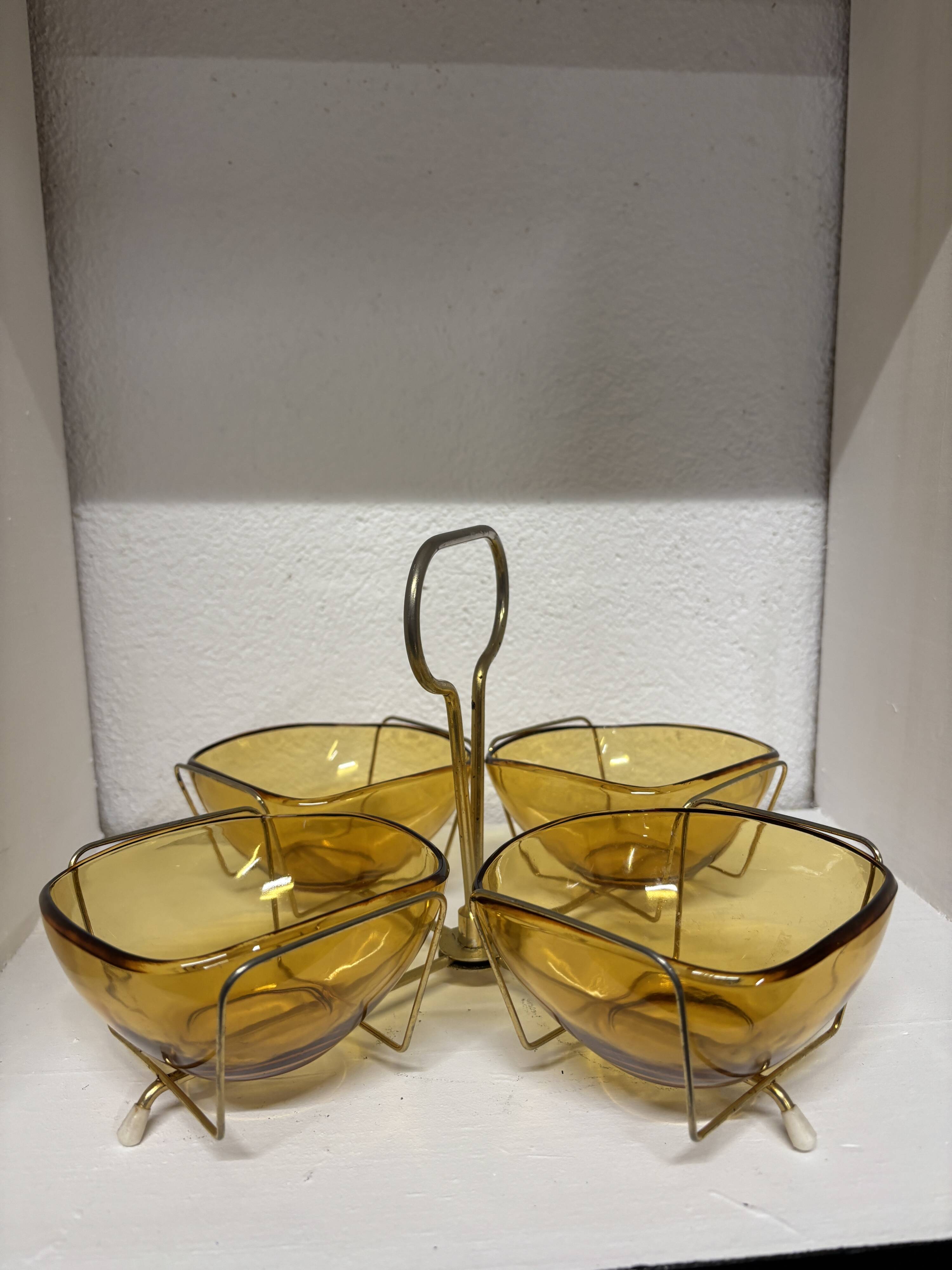 Vintage Aperitif Tray by Vereco Amber Glass and Gold Metal ⎥ 1970s