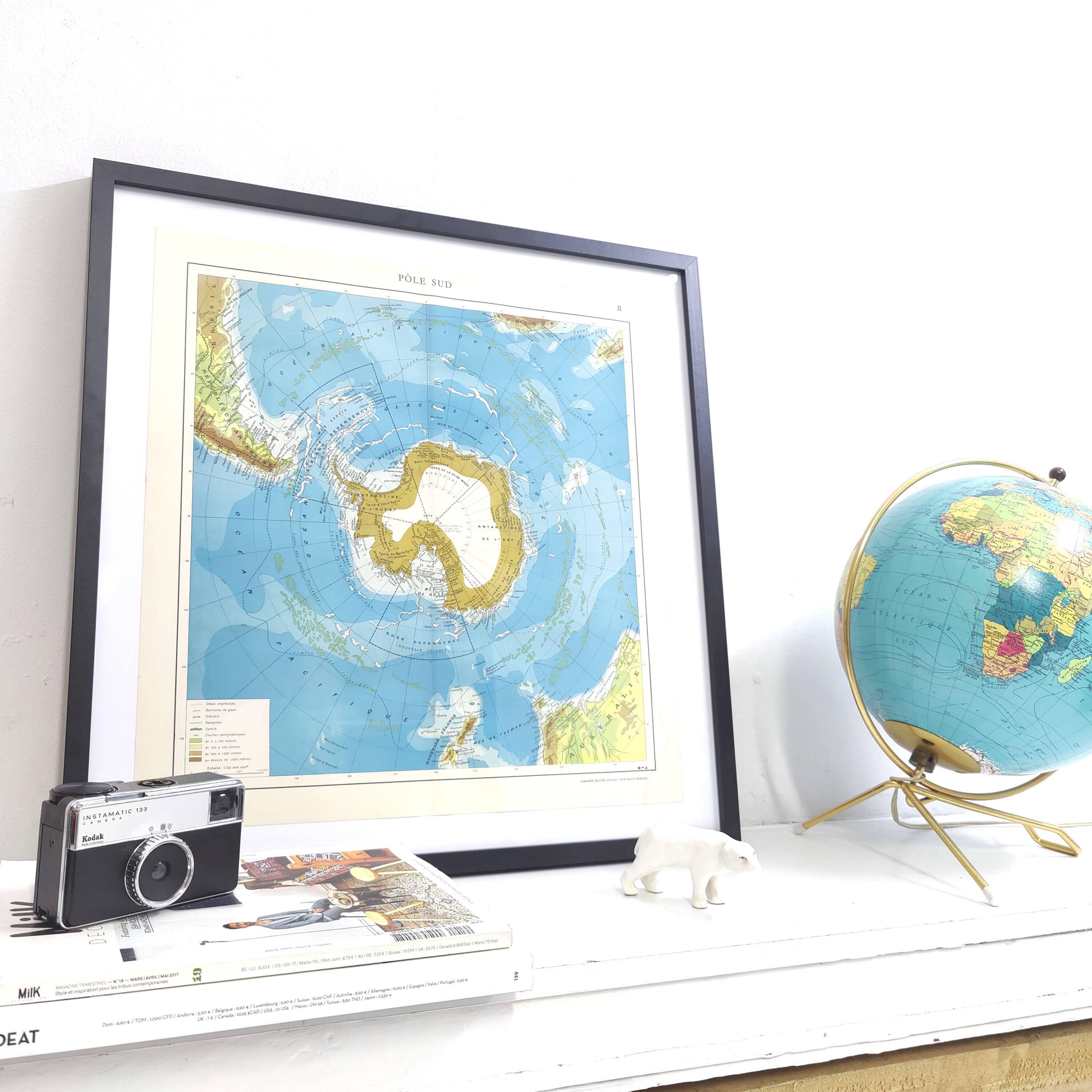 Carte Pôle Sud Antarctique vintage de 1950