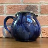 Navy Blue and White German Pitcher Made in Rügen, Drip Glaze Pottery