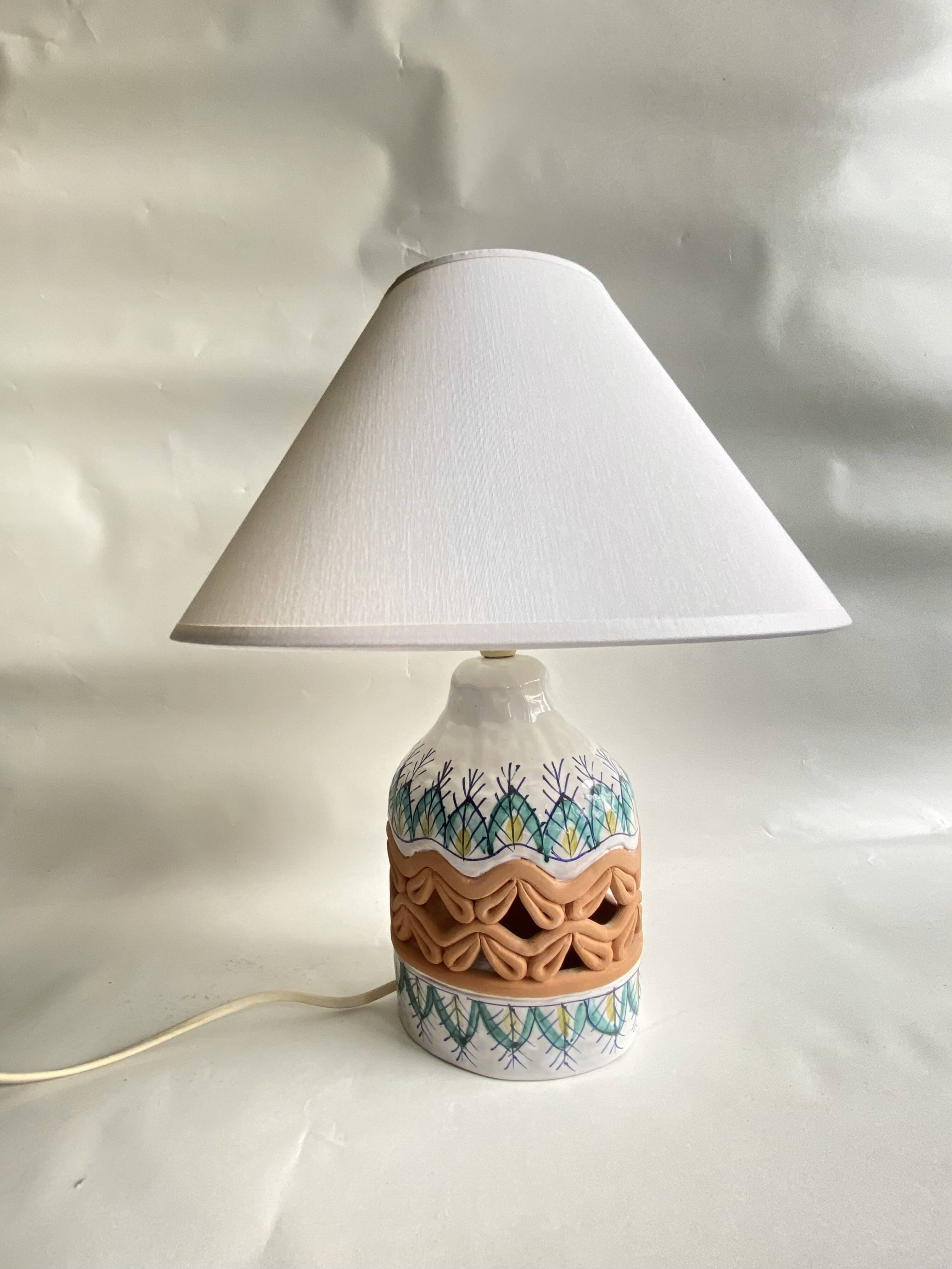 Lampe en céramique italienne, abat-jour en coton