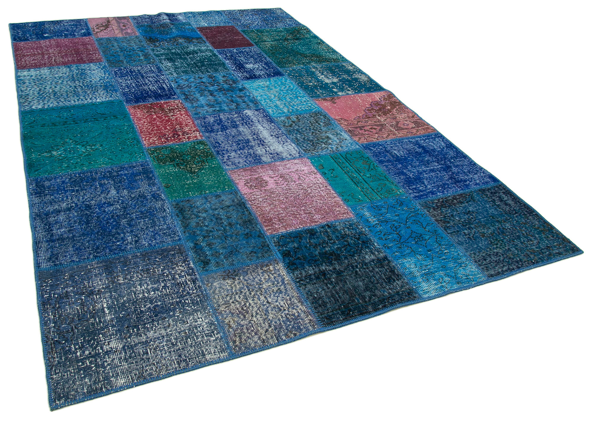 Handwoven turkish contemporary 202 cm x 300 cm blue patchwork carpet