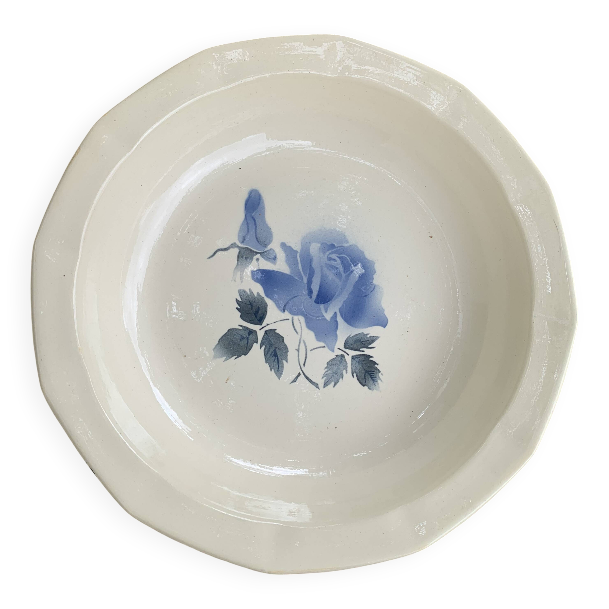 Digoin France cake dish with antique blue rose pattern