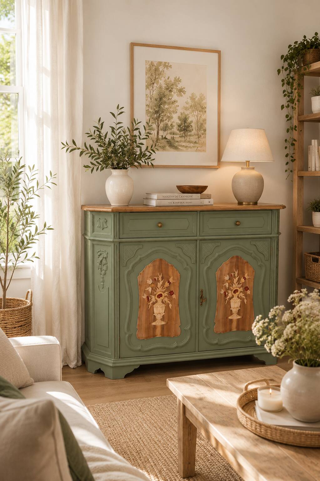 GREEN BRONZE AND WOOD BUFFET WITH MARQUETRY