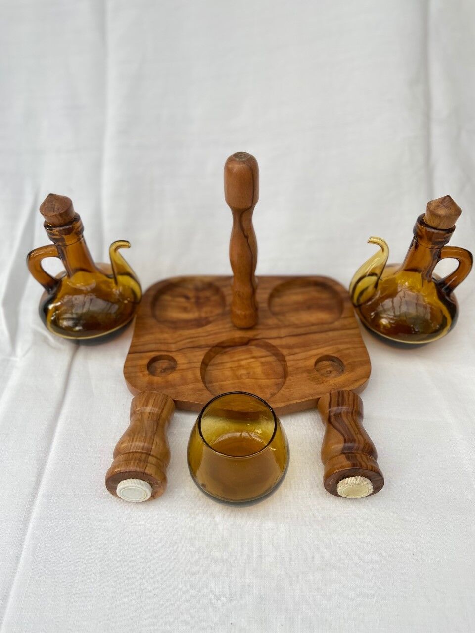 OLIVE OIL WOODEN SERVANT -VINAIGRE - SALT-PEPPER-MUSTARD