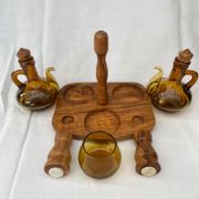 OLIVE OIL WOODEN SERVANT -VINAIGRE - SALT-PEPPER-MUSTARD