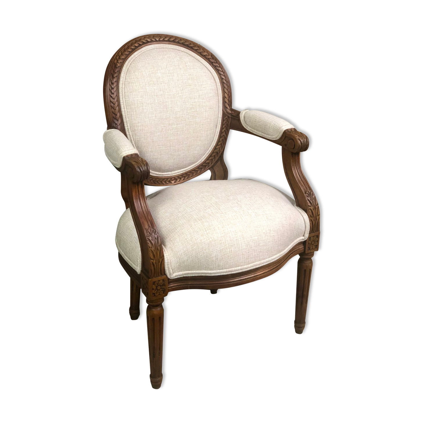 Louis XVI style children's armchair in carved walnut and beige antique upholstery