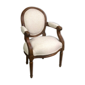 Louis XVI style children's armchair in carved walnut and beige antique upholstery
