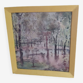 Watercolor Paul Perraudin (1907-1990) walk in the woods in the rain