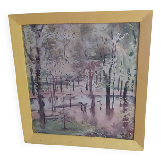 Aquarelle Paul Perraudin (1907-1990) promenade au bois sous la pluie