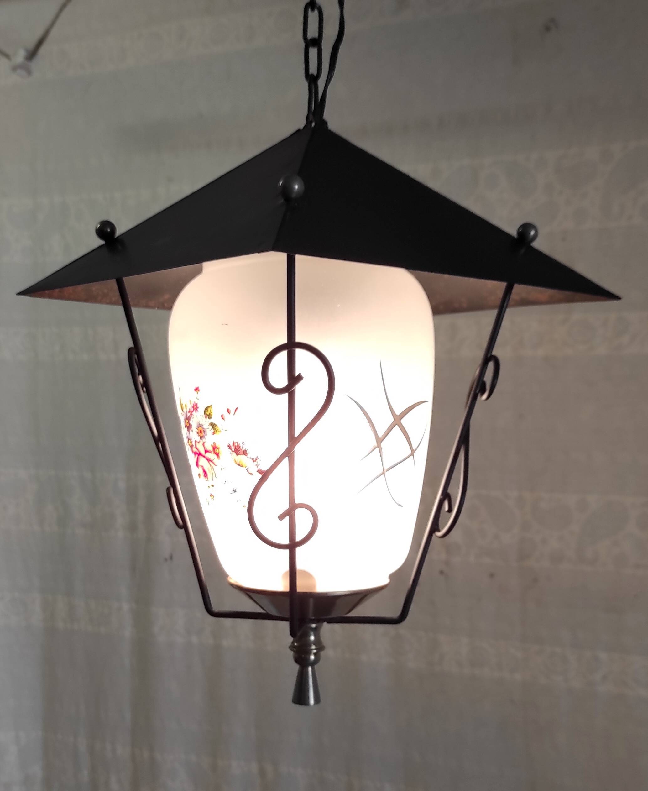 Lantern pendant light in metal, brass and glass - 50s/60s