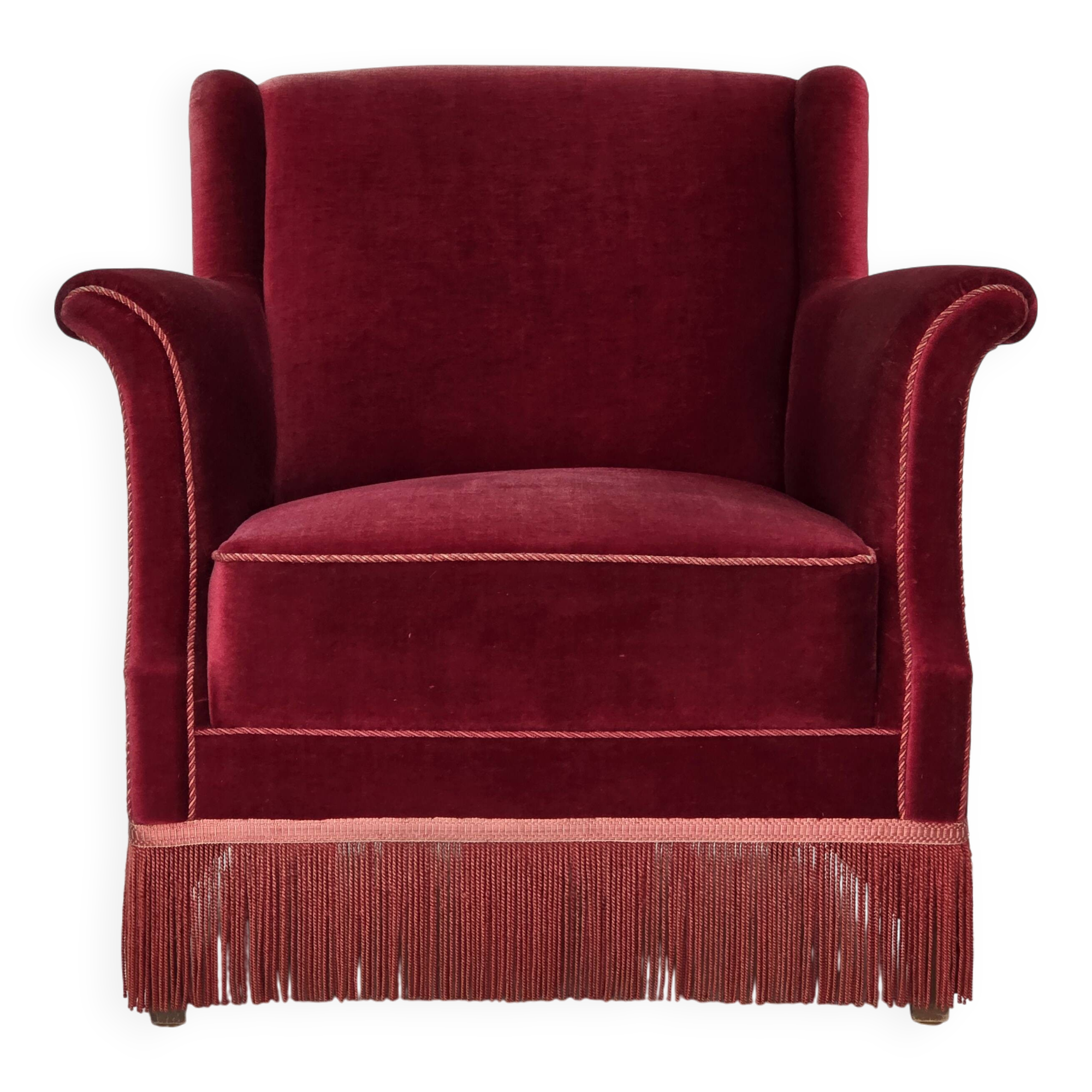 1960s, Danish armchair, cherry-red furniture velour, ash wood, original.