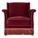 1960s, Danish armchair, cherry-red furniture velour, ash wood, original.